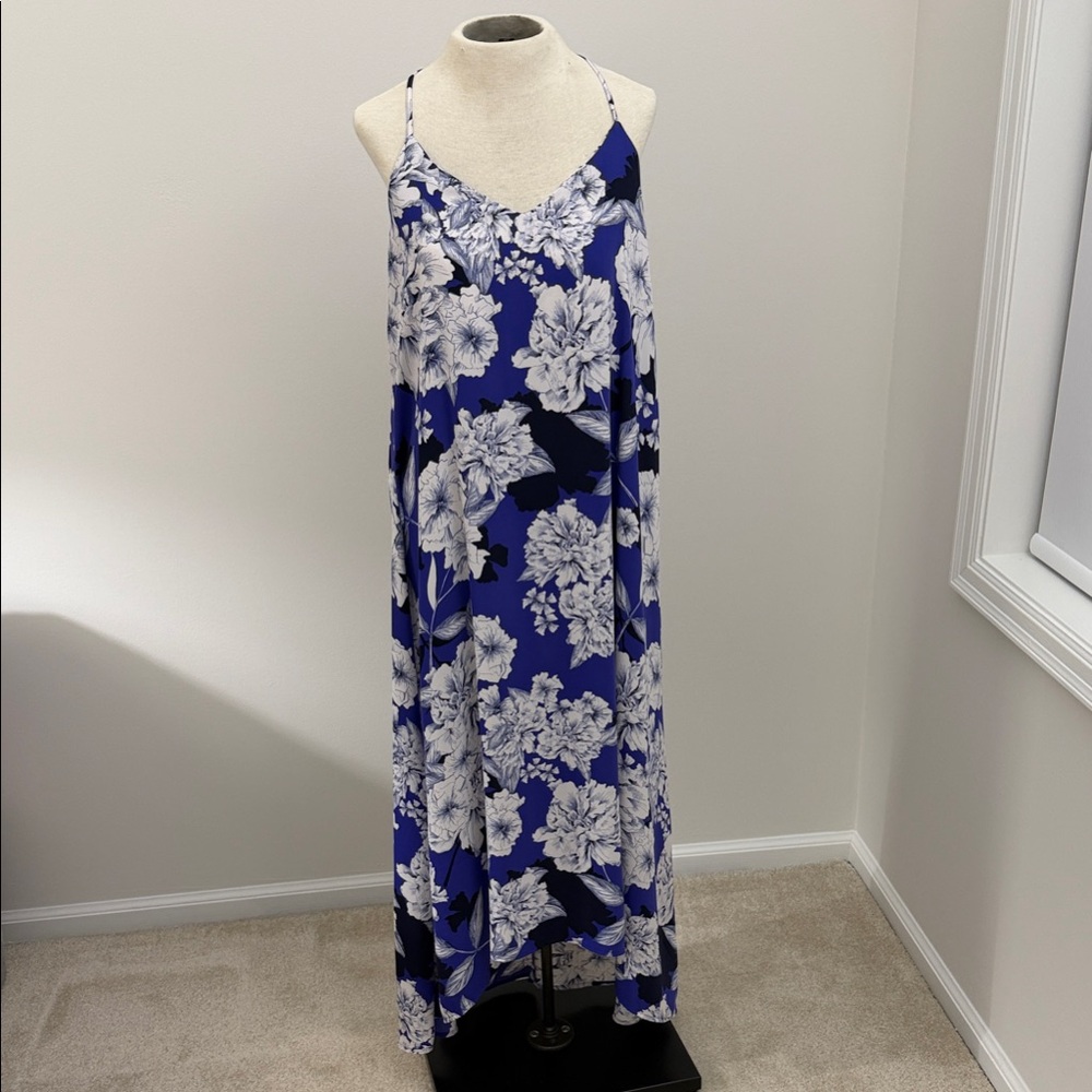 Tahari Purple, White, Dark Navy Floral Maxi Dress Small